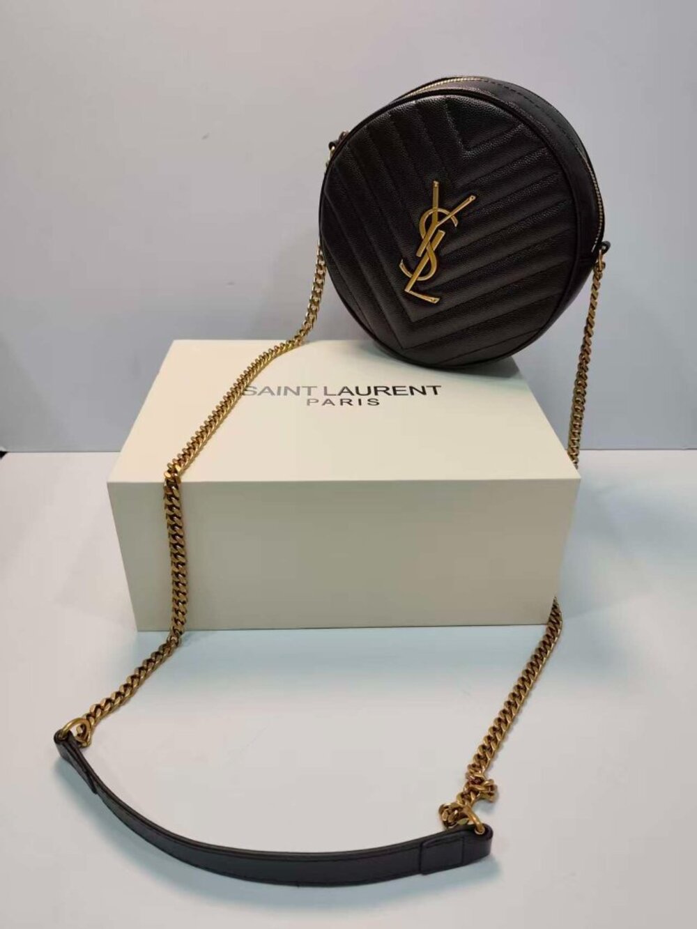 Yves Saint Laurent Black Quilted Leather Round Crossbody Bag with Gold Chain